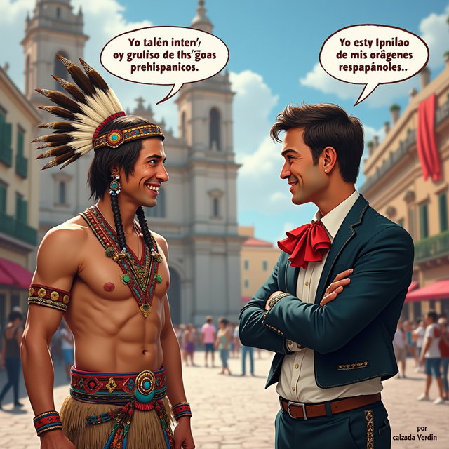 A lively and vibrant scene featuring a very fair-skinned Russian man embodying a Toltec Tlatoani, dressed in traditional Mesoamerican tribal chief attire with huaraches and colorful feather embellishments