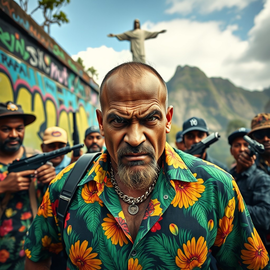 A fierce Brazilian gang boss wearing a vibrant tropical shirt, with a striking expression, in front of a wall covered with colorful graffiti typical of the favelas neighborhoods of Rio de Janeiro