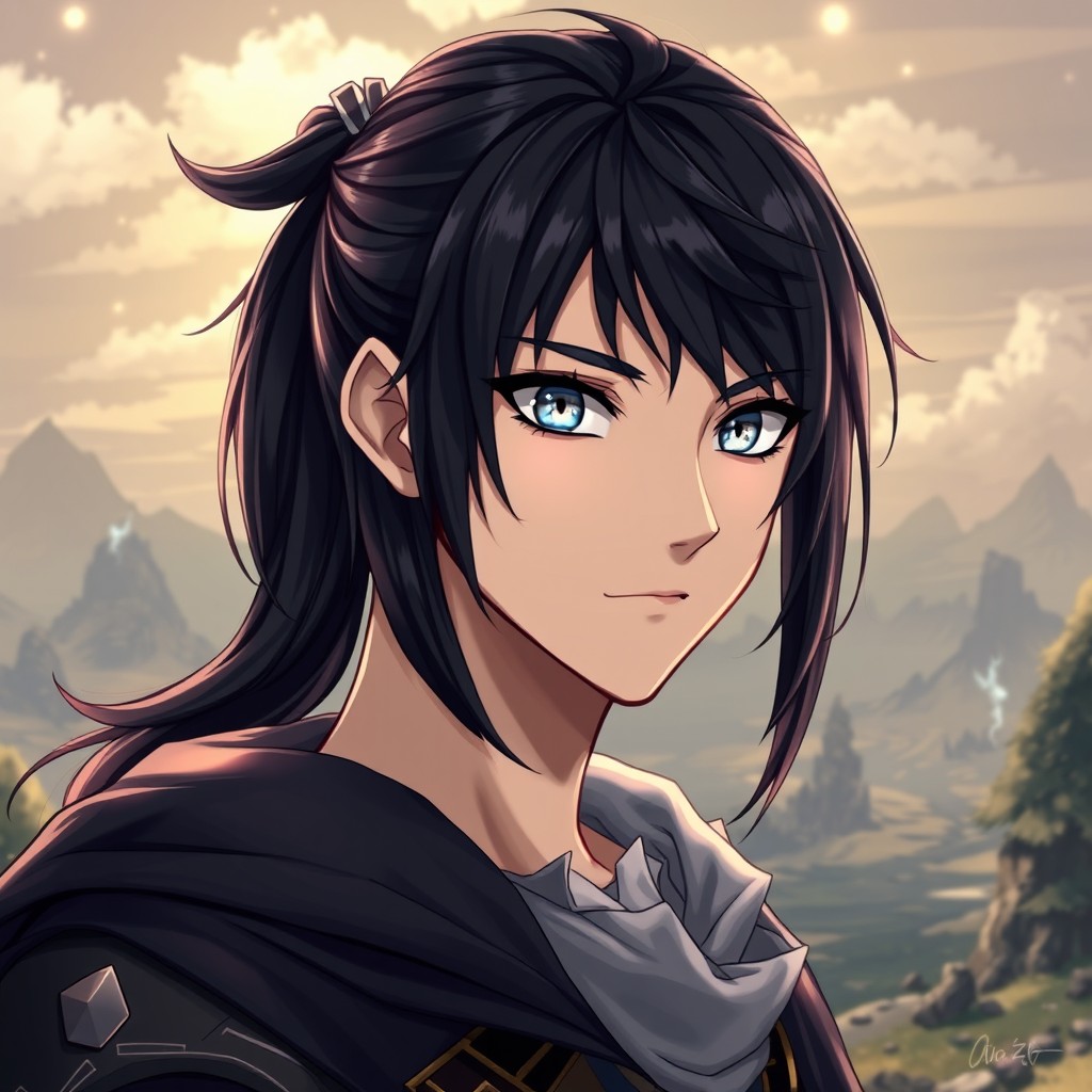 A beautifully detailed anime-style witcher from the Wolf school, featuring shoulder-length hair that is black and light-absorbing, styled in a ponytail