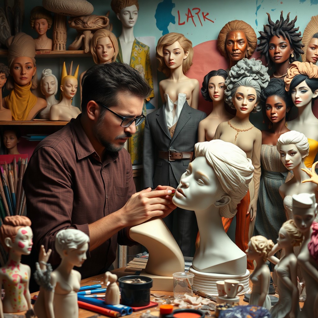 A vibrant studio filled with artistic tools and sculptures, depicting a talented plastic portrait artist immersed in his creative process