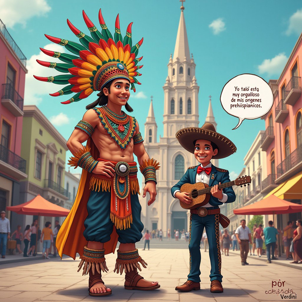 A cheerful and vibrant scene featuring a very fair-skinned Russian man representing a Toltec Tlatoani, dressed in the traditional attire of a Mesoamerican tribal chief, complete with huaraches and colorful plumage