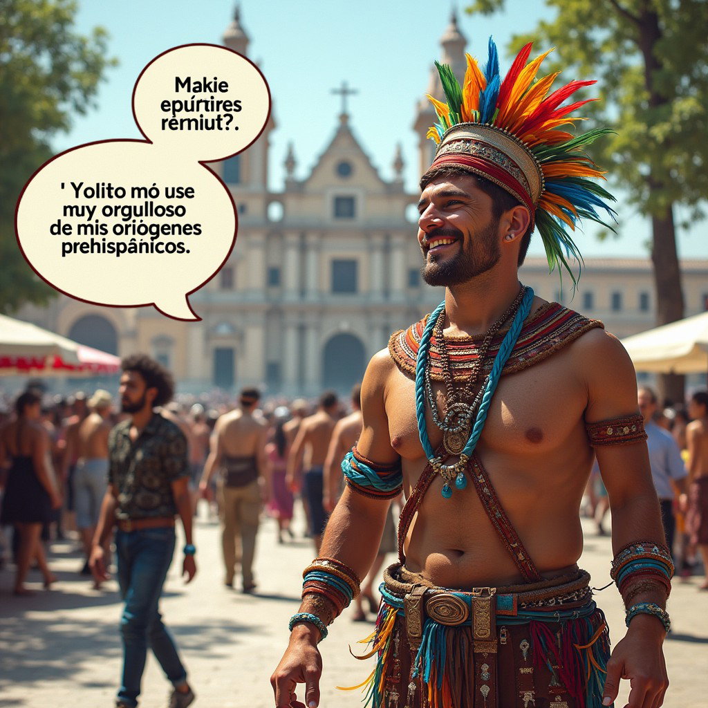 A vibrant and joyful scene featuring a very fair-skinned Russian man embodying a Toltec Tlatoani, adorned in traditional Mesoamerican tribal leader attire, complete with huaraches and colorful plumage