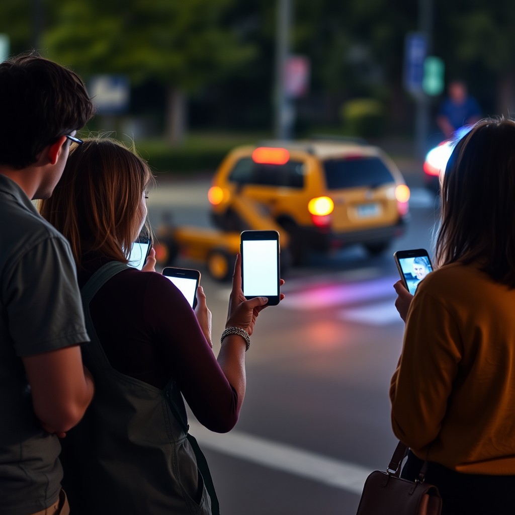 A group of 5 spectators forming a semicircle about 5 meters away from an accident scene