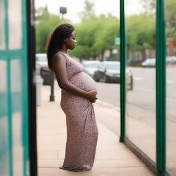 An expectant woman patiently waiting outside, possibly for a friend or family.