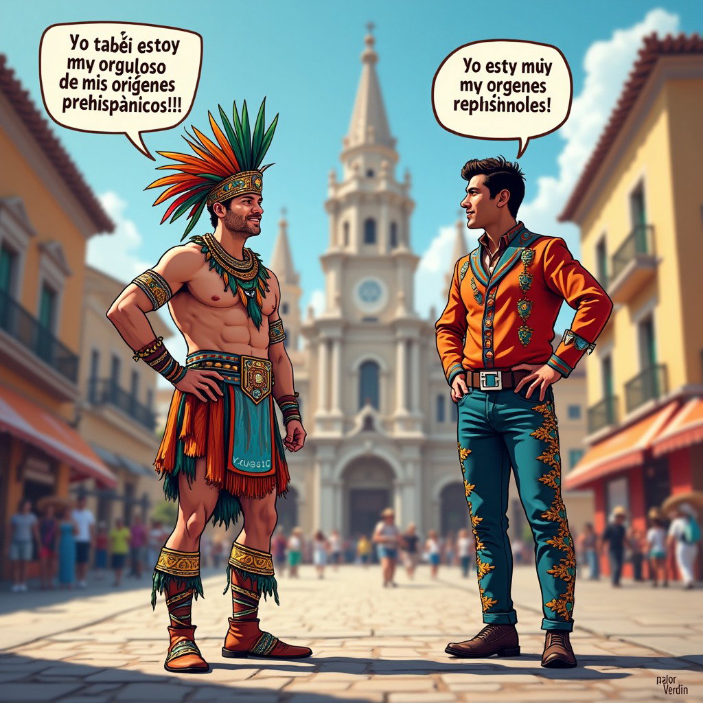 A vibrant and joyful scene depicting a very fair-skinned Russian man representing a Toltec Tlatoani, adorned in colorful traditional Mesoamerican tribal attire with huaraches and striking plumage, showcasing his bright blue eyes