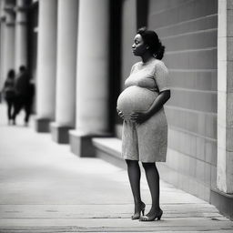 An expectant woman patiently waiting outside, possibly for a friend or family.