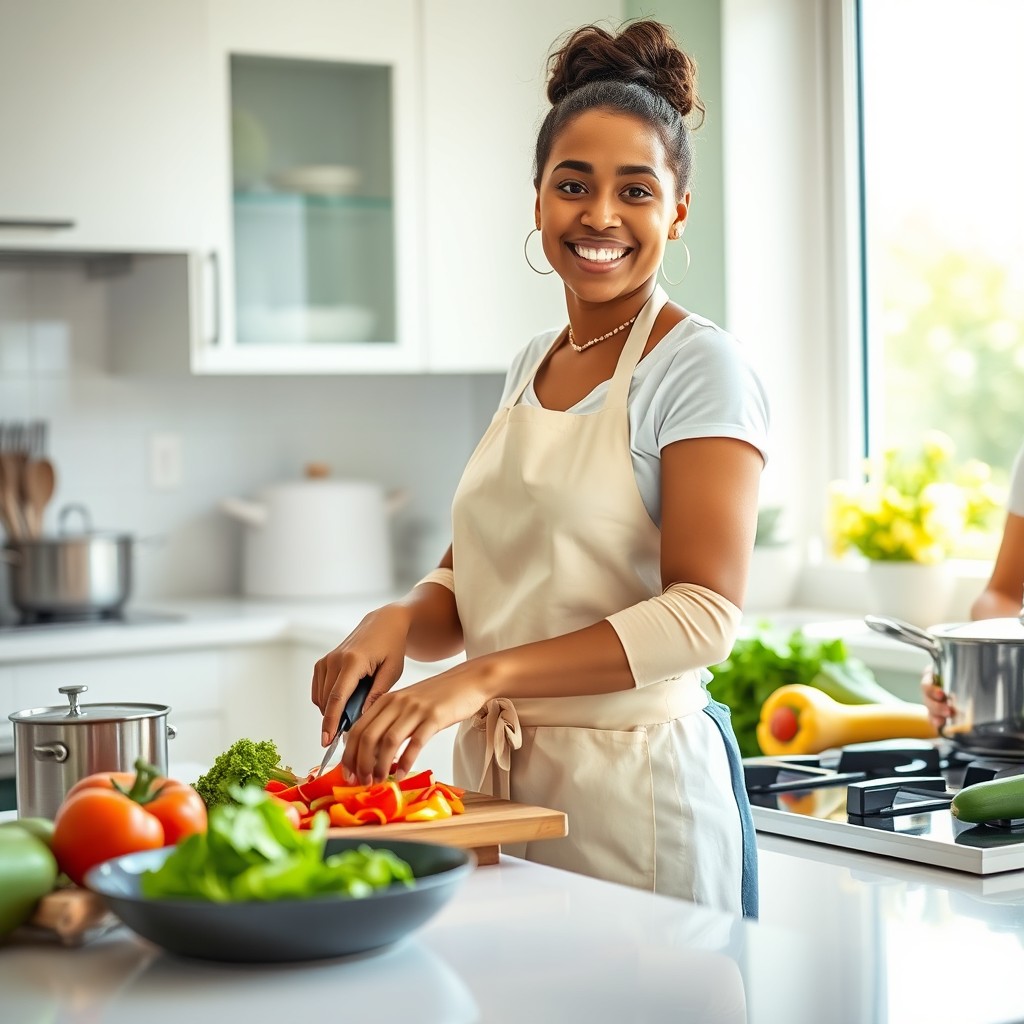 A person cooking in a bright, clean kitchen, wearing a stylish apron and smiling