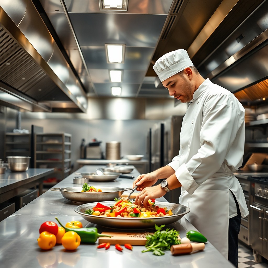A chef cooking in a bright, clean professional kitchen, wearing a classic white chef's uniform and a hat