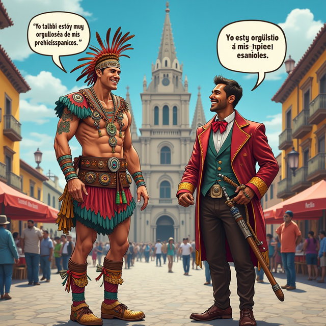 A vibrant scene featuring a very fair-skinned Russian man embodying a Toltec Tlatoani, dressed in colorful tribal chief attire, complete with huaraches and decorative plumage
