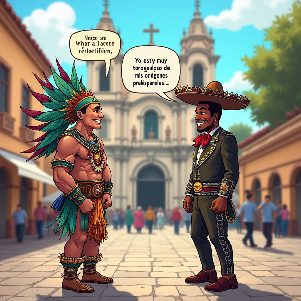 An engaging illustration of a very fair-skinned Russian man representing a Toltec Tlatoani, joyfully adorned in traditional Mesoamerican chief attire complete with huaraches and colorful plumage, featuring bright blue eyes