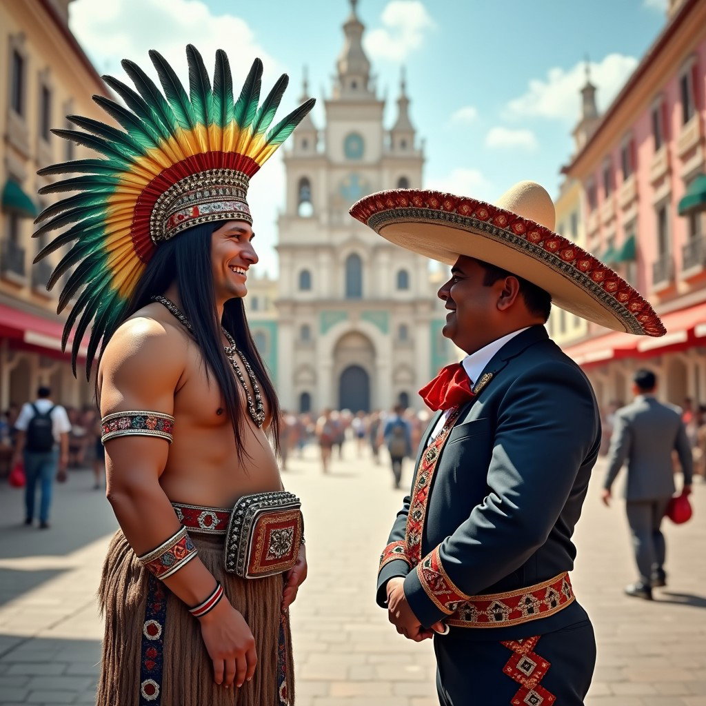 A lively scene depicting a very fair-skinned Russian man representing a Toltec Tlatoani, characterized by his joyful expression, dressed in elaborate Mesoamerican tribal chief attire, complete with huaraches and vibrant feather headdresses