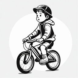 A high contrast, black and white vector-style illustration of a child riding a bicycle on a white background. Create with a simple, flat design and line art style without any use of colors.