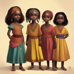 A charming digital art piece that portrays adorable 10-year-old African girls in 90AD medieval Africa