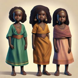 A charming digital art piece that portrays adorable 10-year-old African girls in 90AD medieval Africa