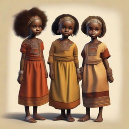 A charming digital art piece that portrays adorable 10-year-old African girls in 90AD medieval Africa