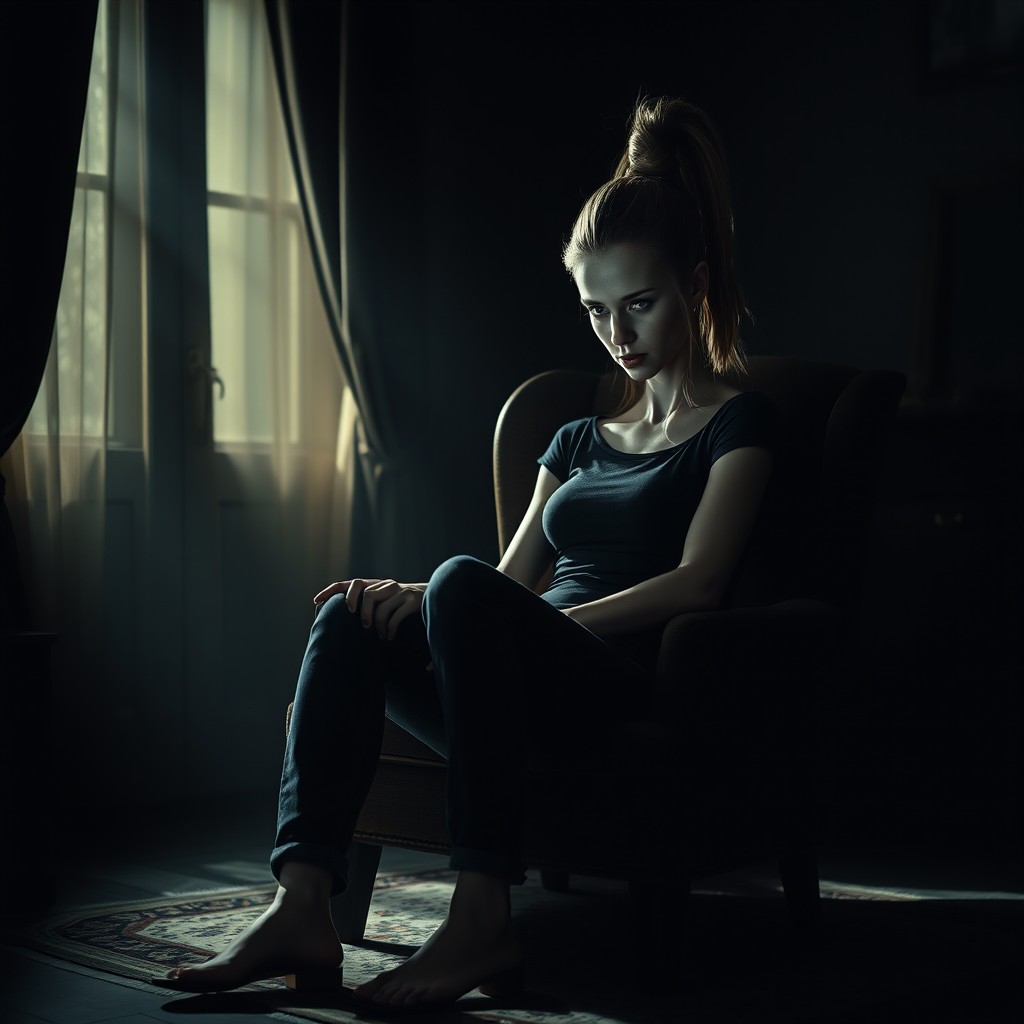 A thin young woman sitting in a dark room in a cozy chair