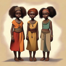 A charming digital art piece that portrays adorable 10-year-old African girls in 90AD medieval Africa