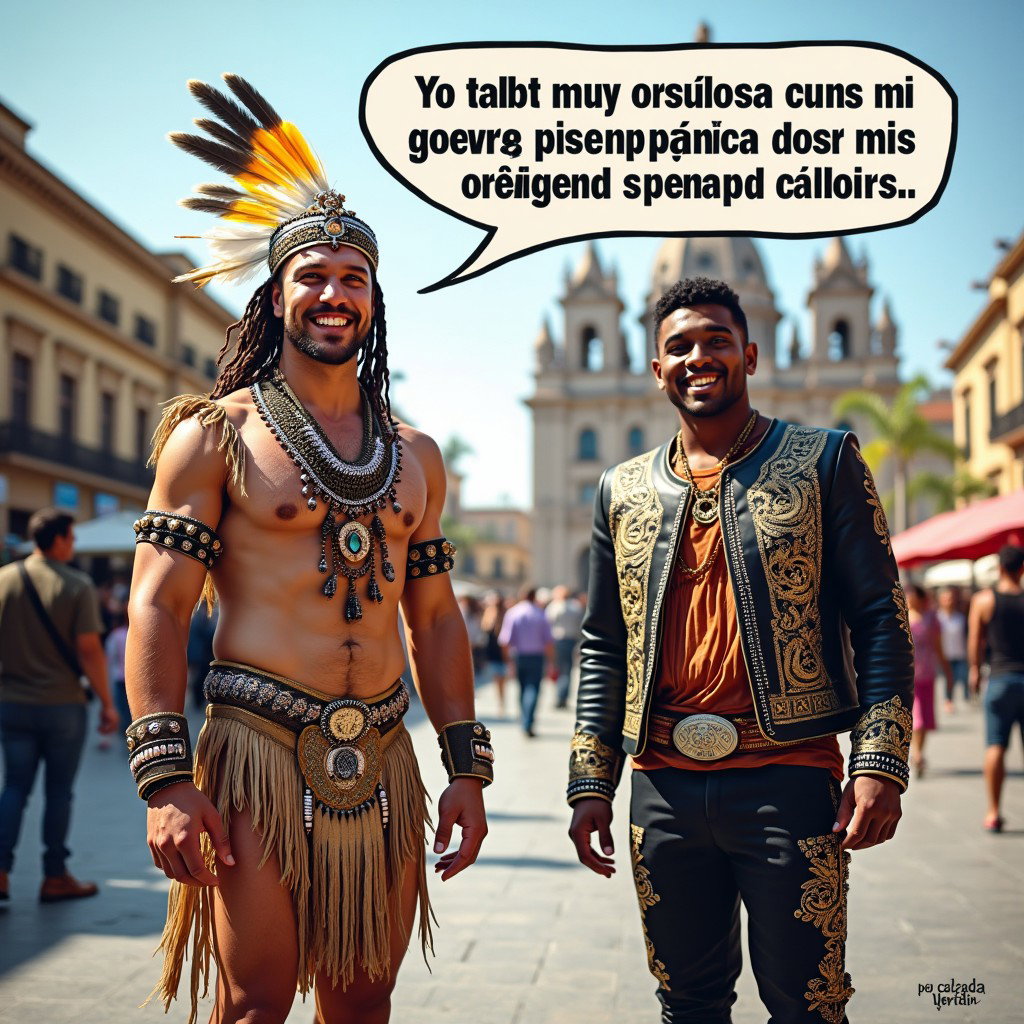 In a lively public plaza, a very fair-skinned Russian man represents a Toltec Tlatoani, dressed in traditional Mesoamerican tribal chief attire with huaraches and adorned with colorful feathers