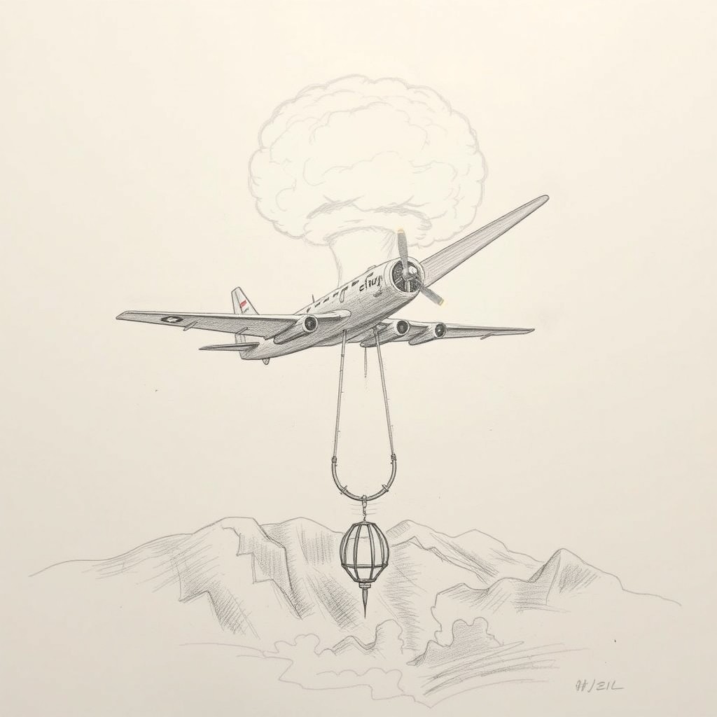 Pencil sketch of the Enola Gay airplane dropping the atomic bomb over Hiroshima, with a rising mushroom cloud in the distance, featuring meticulous details and realistic shading