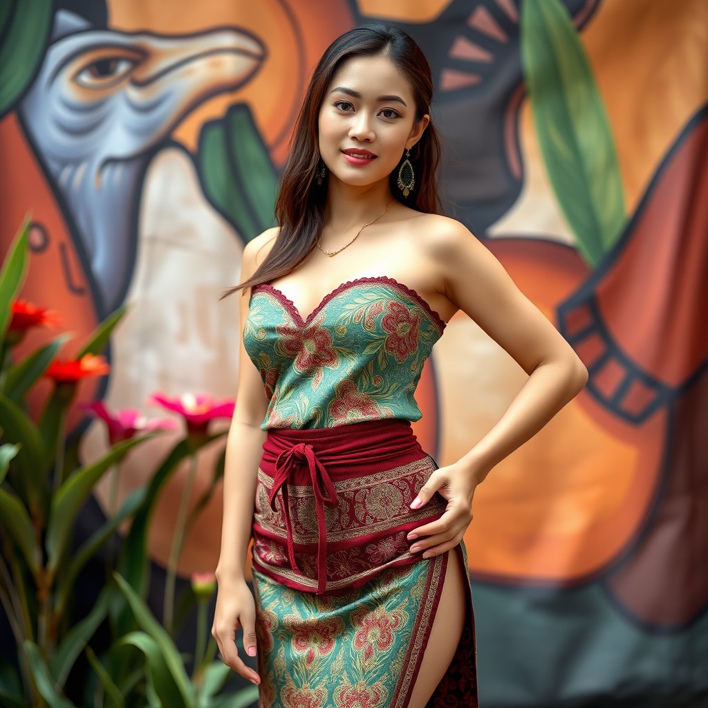 A Balinese woman with fair skin, standing at 165 cm tall and weighing 55 kg