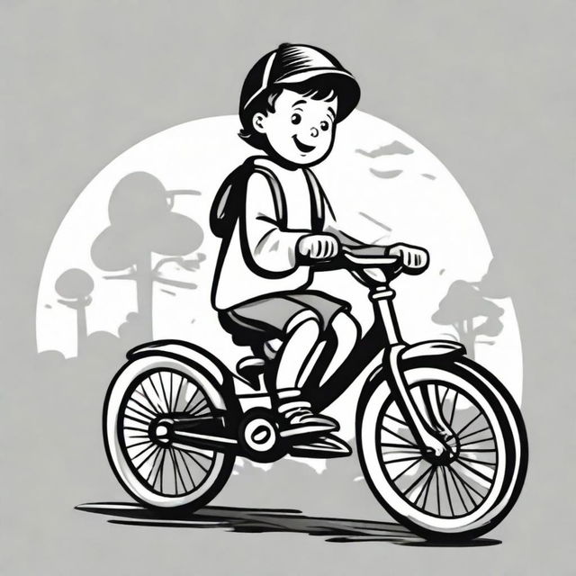 A high contrast, black and white vector-style illustration of a child riding a bicycle on a white background. Create with a simple, flat design and line art style without any use of colors.