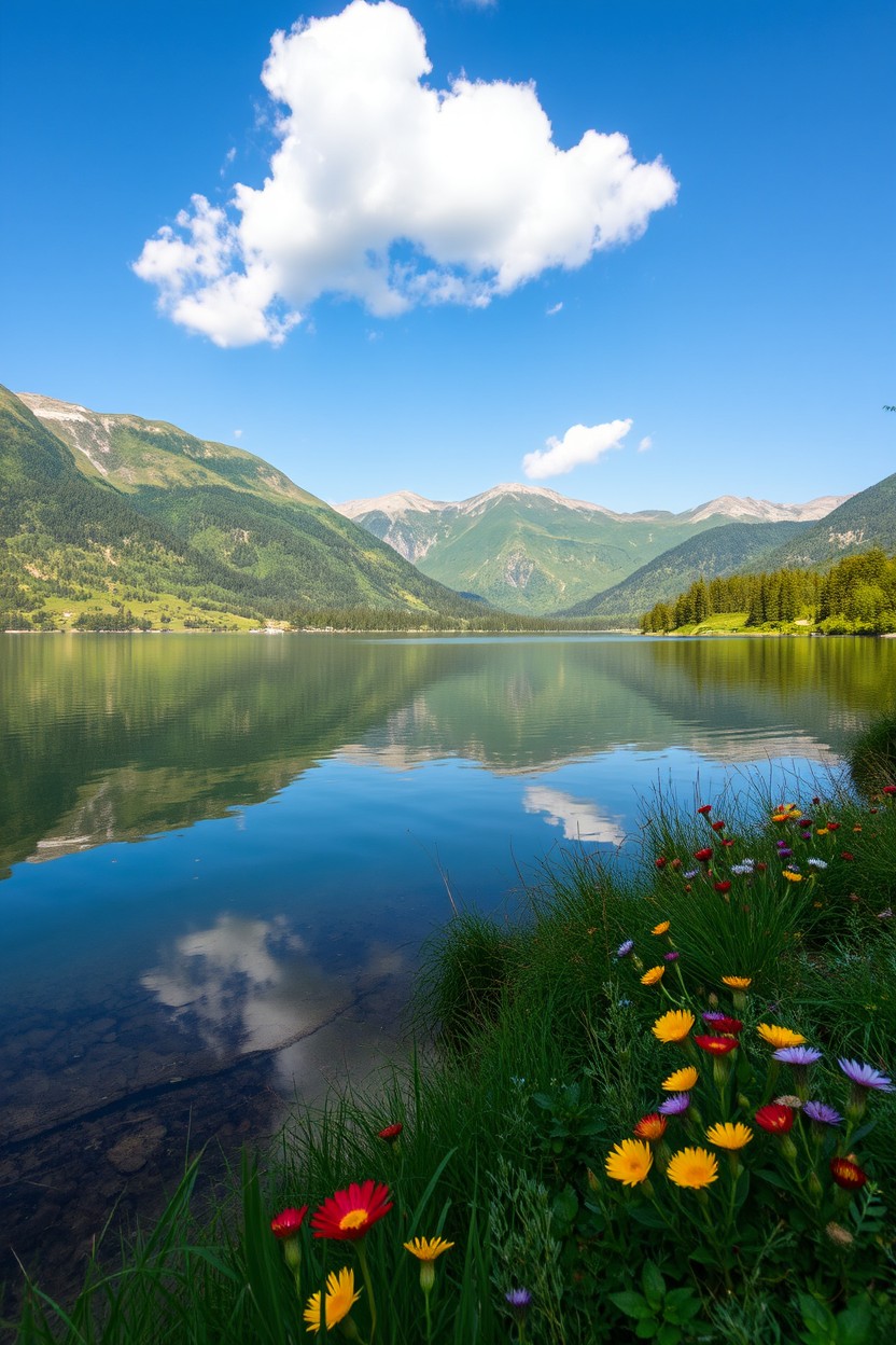 Beautiful landscape featuring a serene lake surrounded by lush green mountains under a clear blue sky