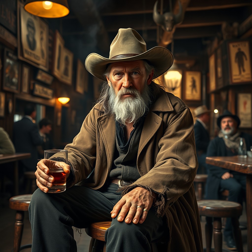 A rugged, weathered old outlaw with a grizzled beard and a worn cowboy hat, sitting on a wooden stool in a dimly lit saloon
