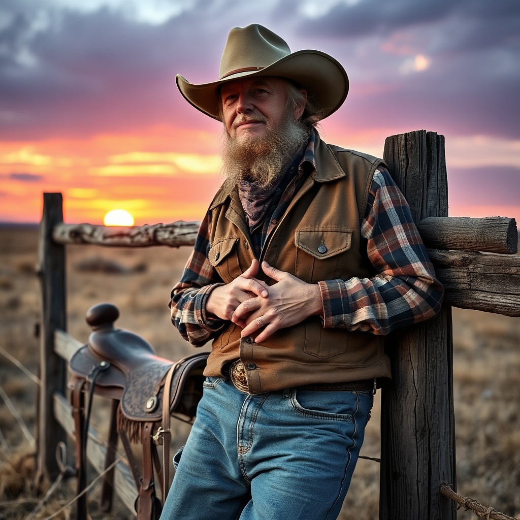 A rugged, weathered old cowboy with a scruffy beard and a wide-brimmed hat, leaning against an old wooden fence in a desolate prairie landscape