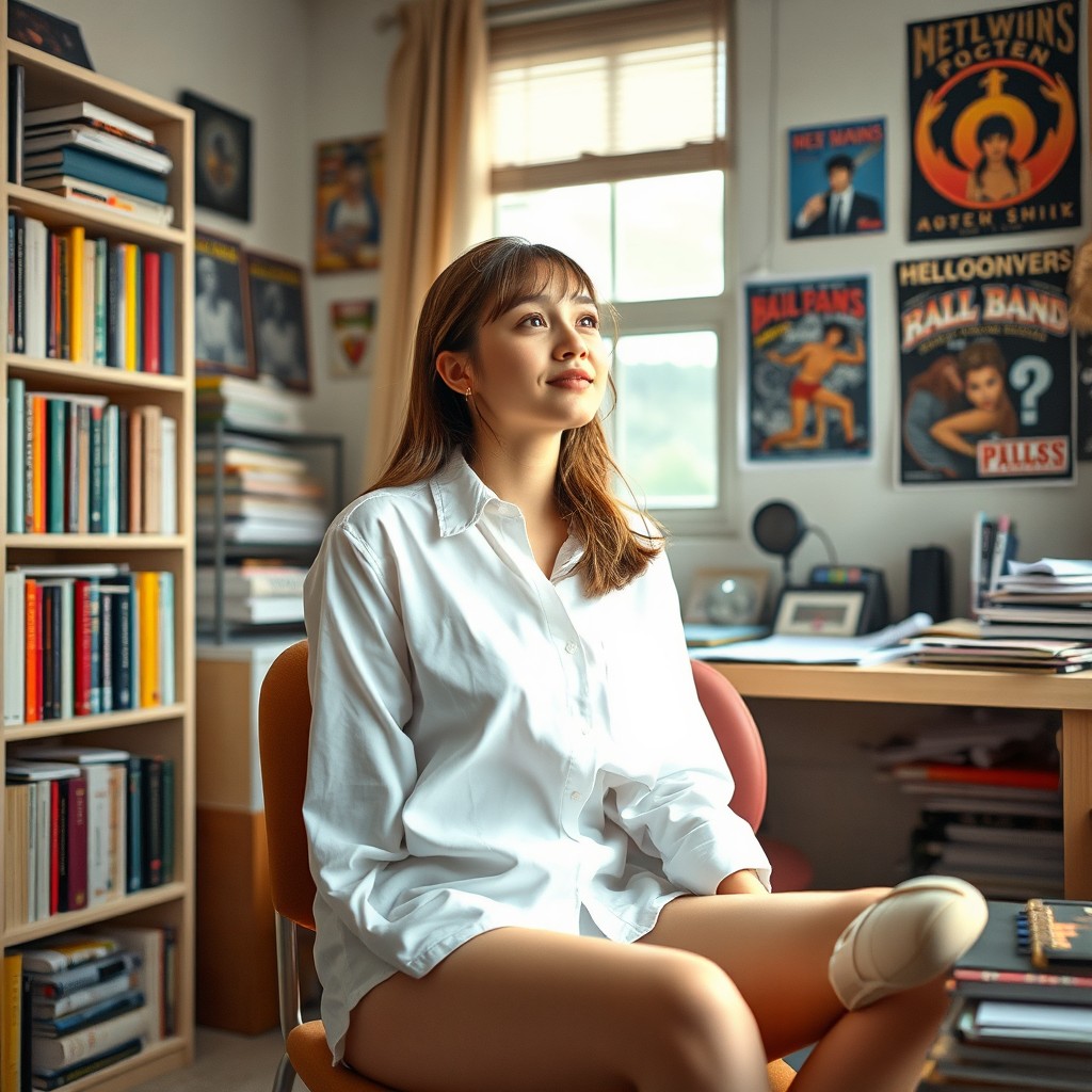 A college girl sitting in her room, wearing a crisp white shirt and white socks, with one white flat shoe on her right foot