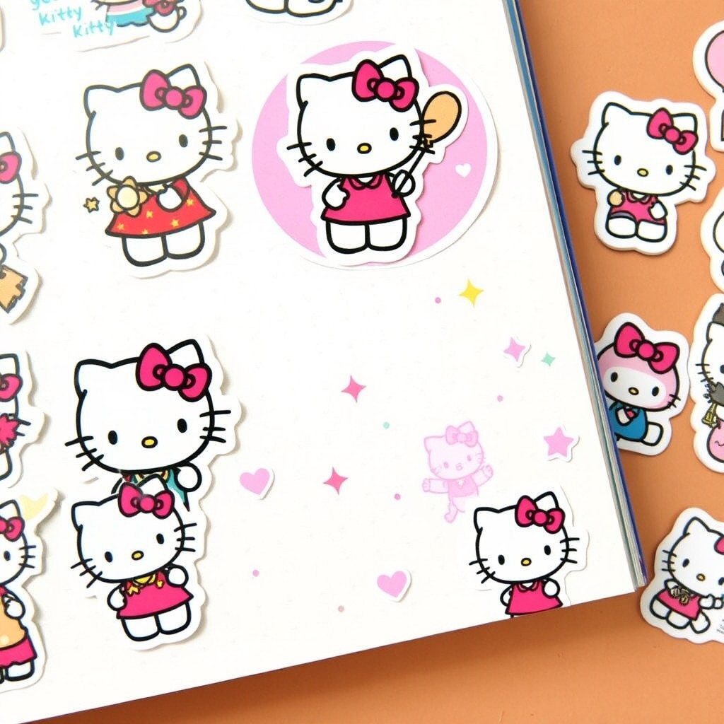 A collection of adorable Hello Kitty themed stickers featuring the iconic character in various playful poses