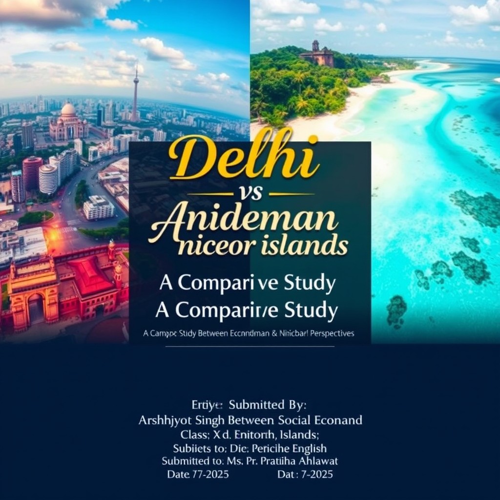A visually striking cover page design that showcases vibrant images of both the Delhi cityscape and the pristine beaches of the Andaman and Nicobar Islands side by side for a compelling comparison