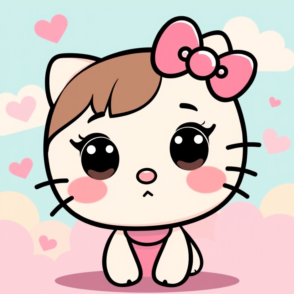A cute, cartoonish character inspired by Hello Kitty, featuring a round face with big eyes, a small nose, and no mouth