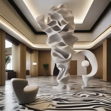 The convulsive design of the hotel lobby featured abstract sculptures and chaotic patterns.