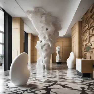 The convulsive design of the hotel lobby featured abstract sculptures and chaotic patterns.