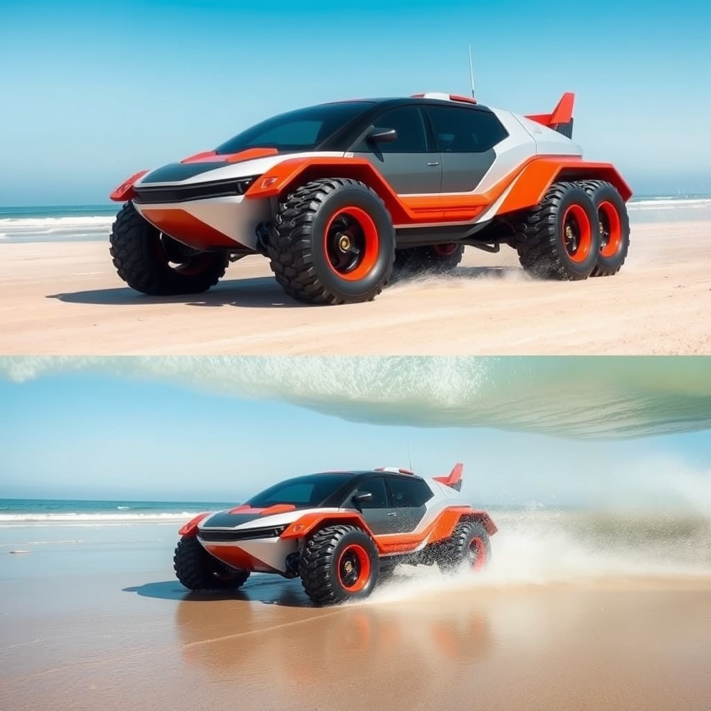 A six-wheeled amphibious vehicle designed as an air-cushion boat, showcasing its unique features such as a streamlined body suitable for both land and water