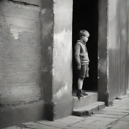 A young lad patiently standing outside, appearing to wait for someone.