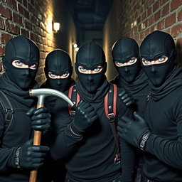 Five male thieves with striking blue eyes, all wearing sleek black balaclavas and stylish gloves