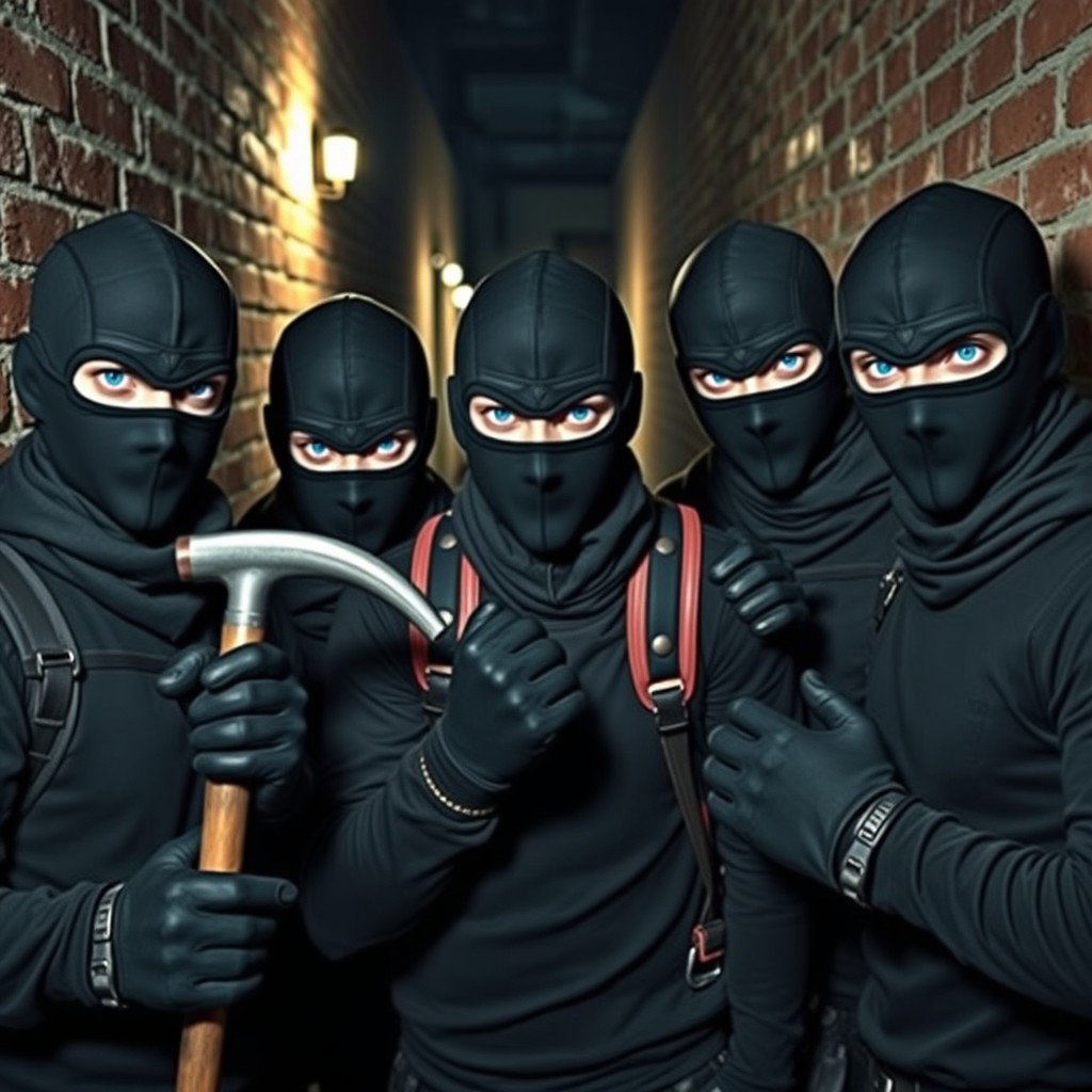 Five male thieves with striking blue eyes, all wearing sleek black balaclavas and stylish gloves