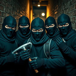 Five male thieves with striking blue eyes, all wearing sleek black balaclavas and stylish gloves