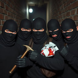 Five male thieves with striking blue eyes, all wearing sleek black balaclavas and stylish gloves