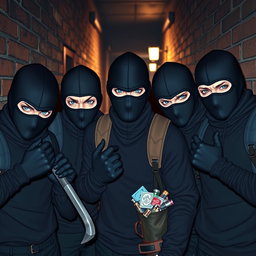 Five male thieves with striking blue eyes, all wearing sleek black balaclavas and stylish gloves