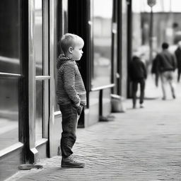 A young lad patiently standing outside, appearing to wait for someone.