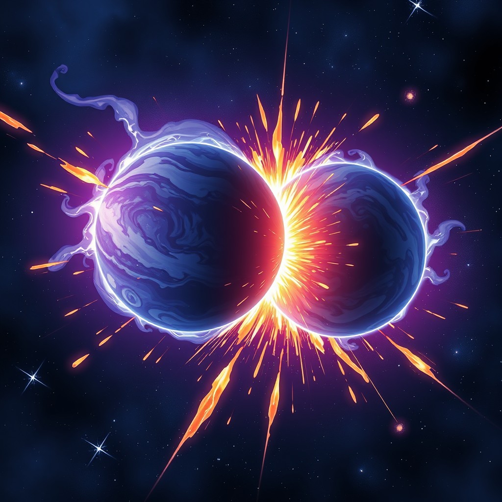 A dramatic scene depicting two identical planets colliding in space