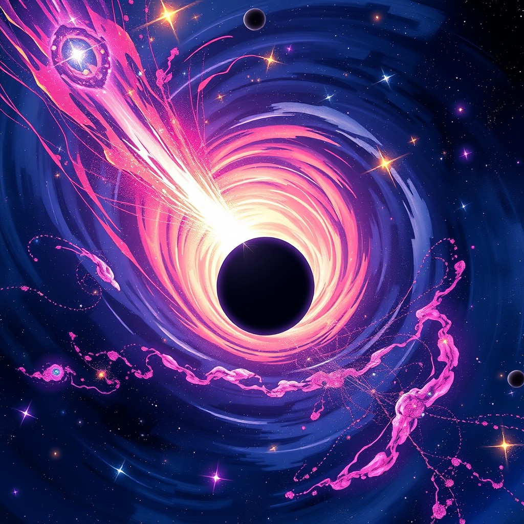 An anime-style illustration of a cosmic blackhole, swirling with vibrant colors, surrounded by a mesmerizing wormhole effect