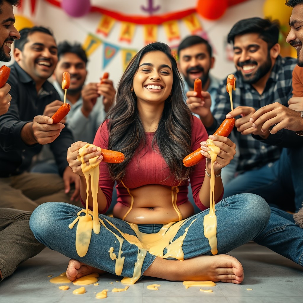 A young and attractive Pakistani woman, 18 years old, sitting cross-legged on the floor with a joyful expression, her eyes closed and a radiant smile on her face