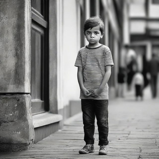 A young lad patiently standing outside, appearing to wait for someone.