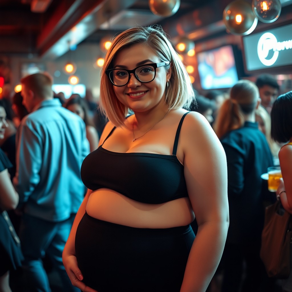 A gorgeous feminine plus-size young woman with a beautiful thin face, wearing thick-rimmed black glasses, sporting a blonde bob hairstyle