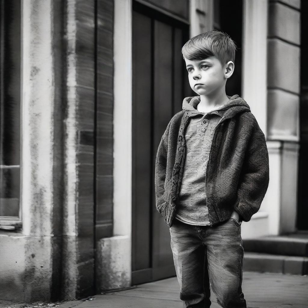 A young lad patiently standing outside, appearing to wait for someone.