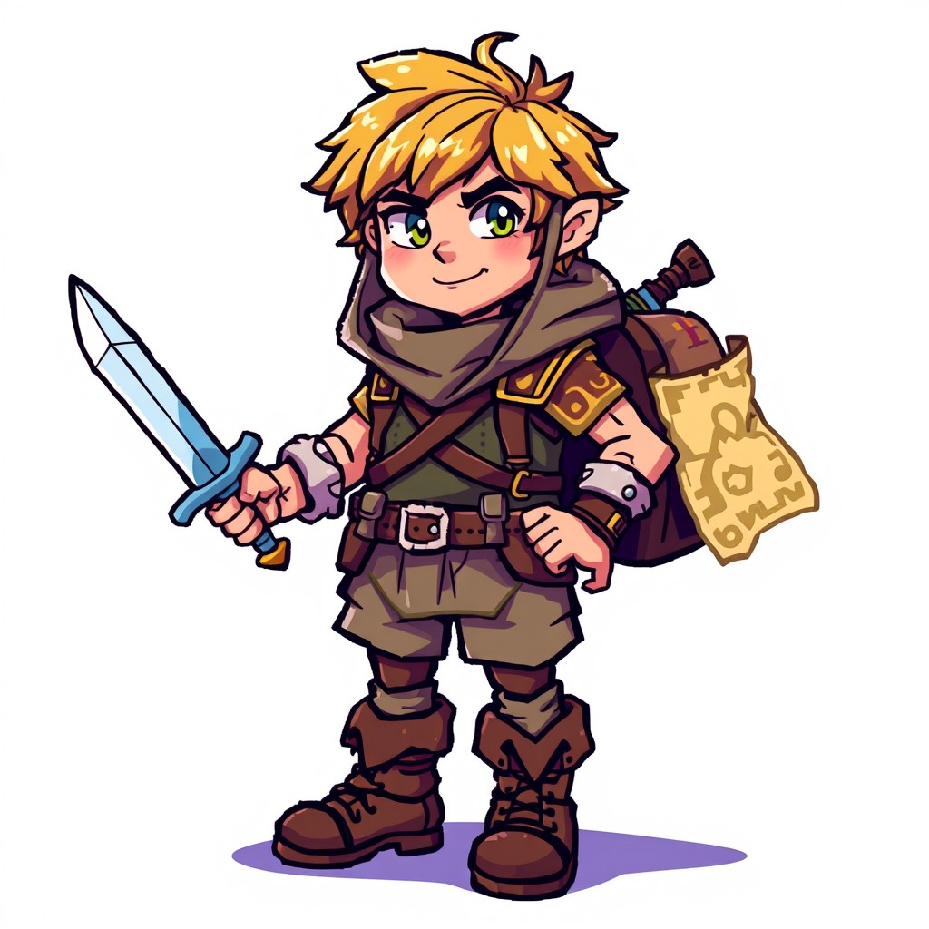 A vibrant pixel art depiction of a brave adventurer standing confidently, holding a sword in one hand and a magical map in the other