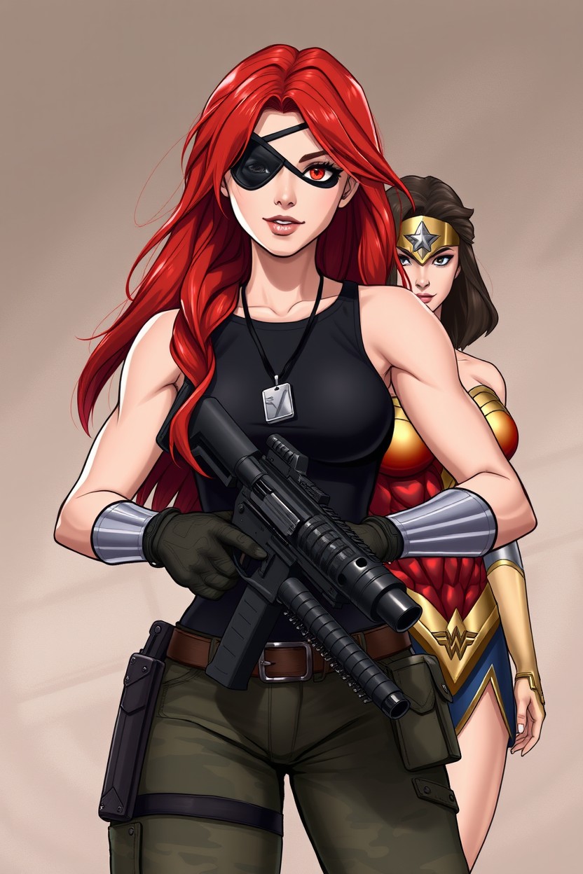 A real art-style illustration of a beautiful 30-year-old woman with stunning red hair, athletic build, and very long loose hair